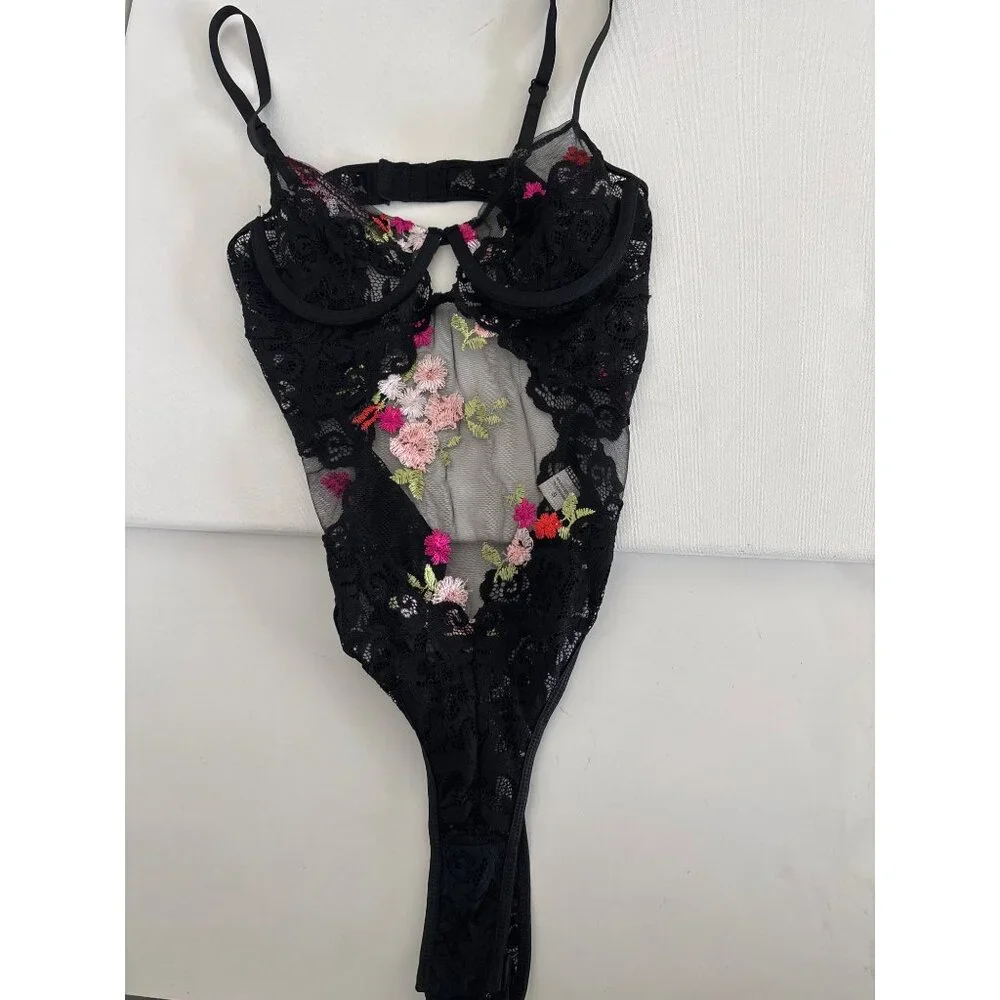 Y2K Bodysuit Small Sheer Lace Floral Embroidered Black Mesh Open Back Lingerie - Picture 14 of 16
